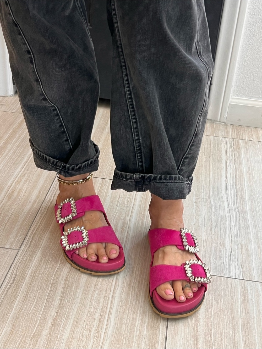 Fuchsia Suede Slide Sandals with Crystal Buckles - Women